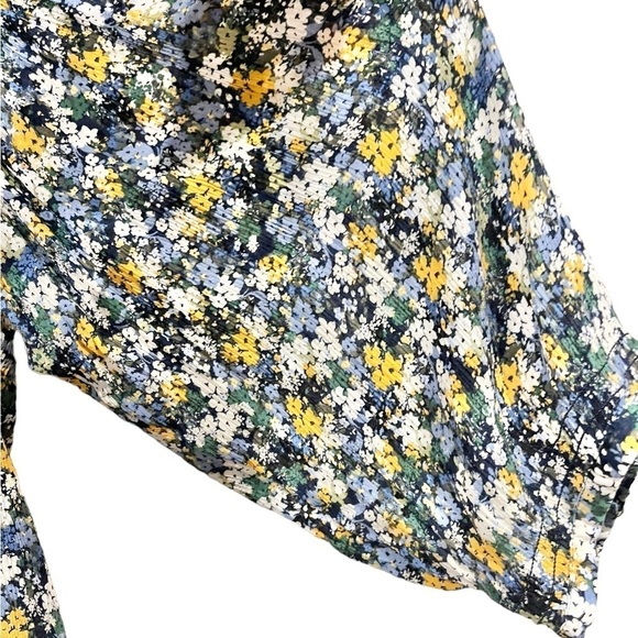 J.Jill Smocked Relaxed Rayon Blouse Navy Blue Ditsy Floral Print XL Long Sleeved - Picture 4 of 7